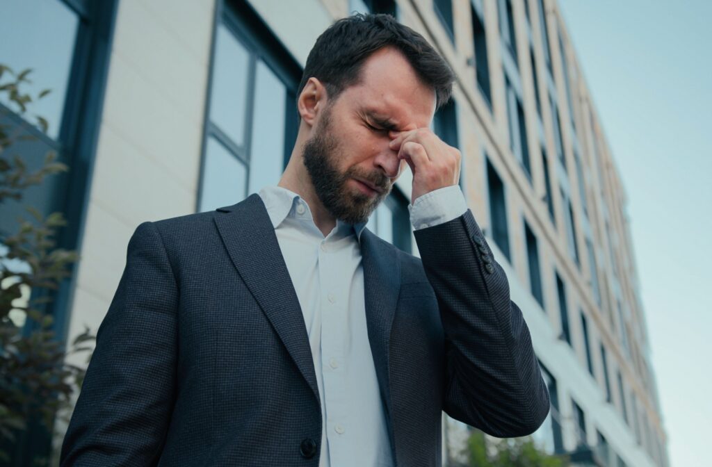 A business professional pinches the bridge of their nose to alleviate eye pain while outdoors on a lunch break.
