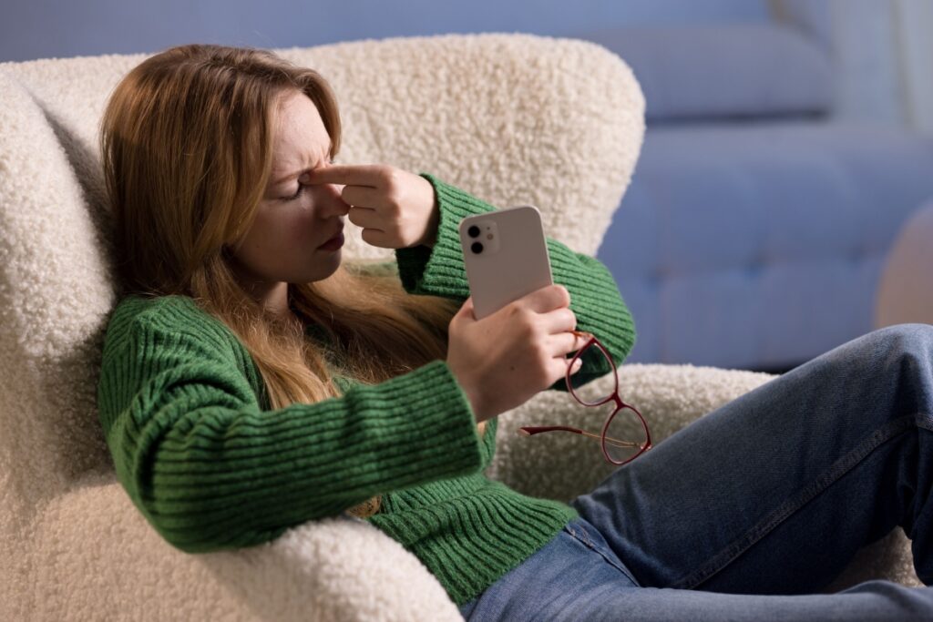 Woman holding her glasses and rubbing her eyes.