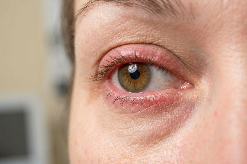 Close-up of an adult's open eye with a hazel iris, visibly red and inflamed eyelids, and redness in the white of the eye.