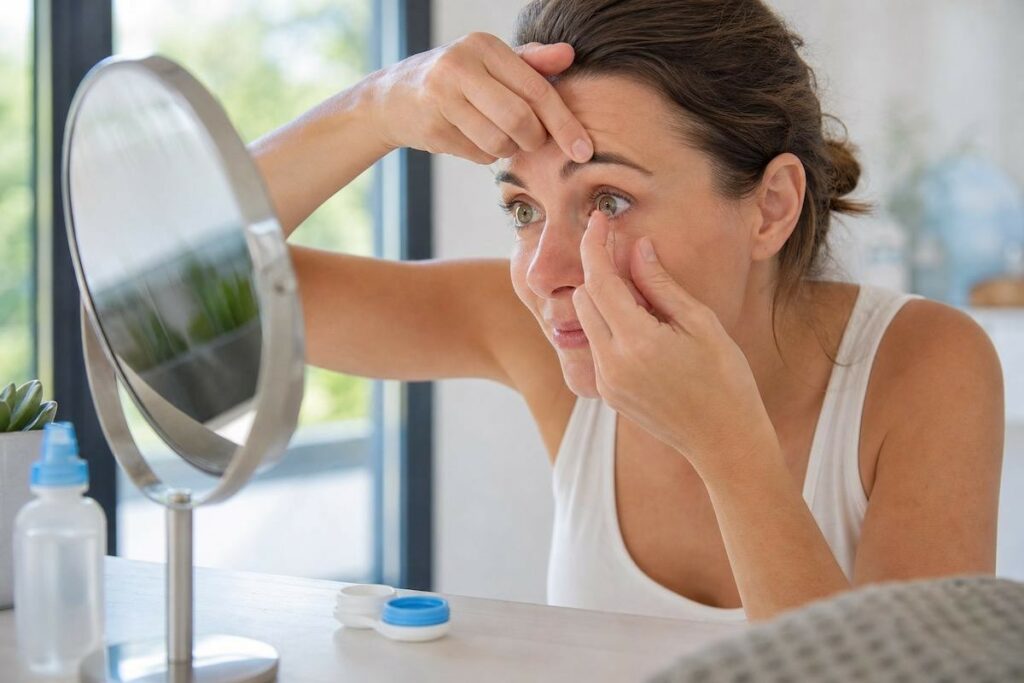 Woman putting in contact lenses.