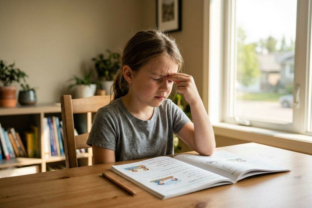 Child sitting at a table, dealing with a headache while looking down at an open workbook.