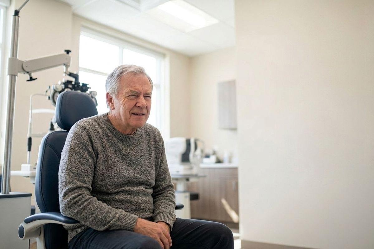 Older adult sitting in an exam chair in an eye clinic, smiling slightly, with diagnostic equipment visible behind them.