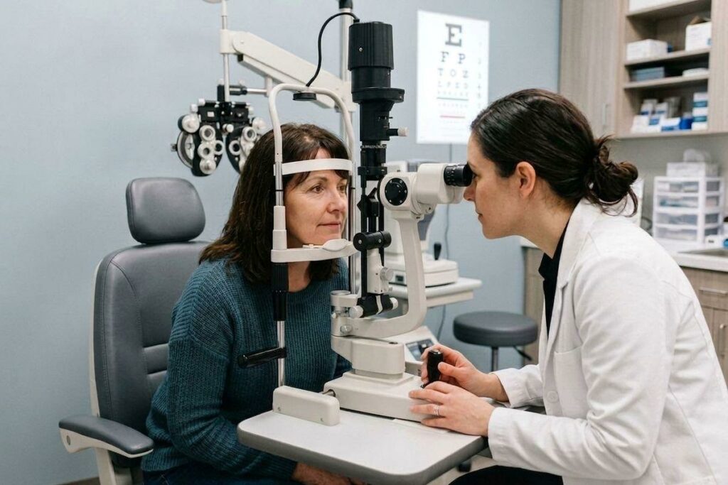 Optometrist examining a patient's eyes using a slit lamp in an eye exam room.