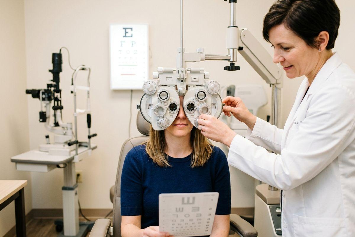Optometrist adjusts a phoropter for a patient during an eye exam, with an eye chart on the wall.