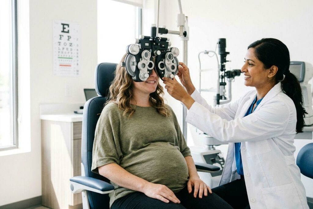 Optometrist adjusts a phoropter for a pregnant patient during an eye exam, eye chart on wall behind.