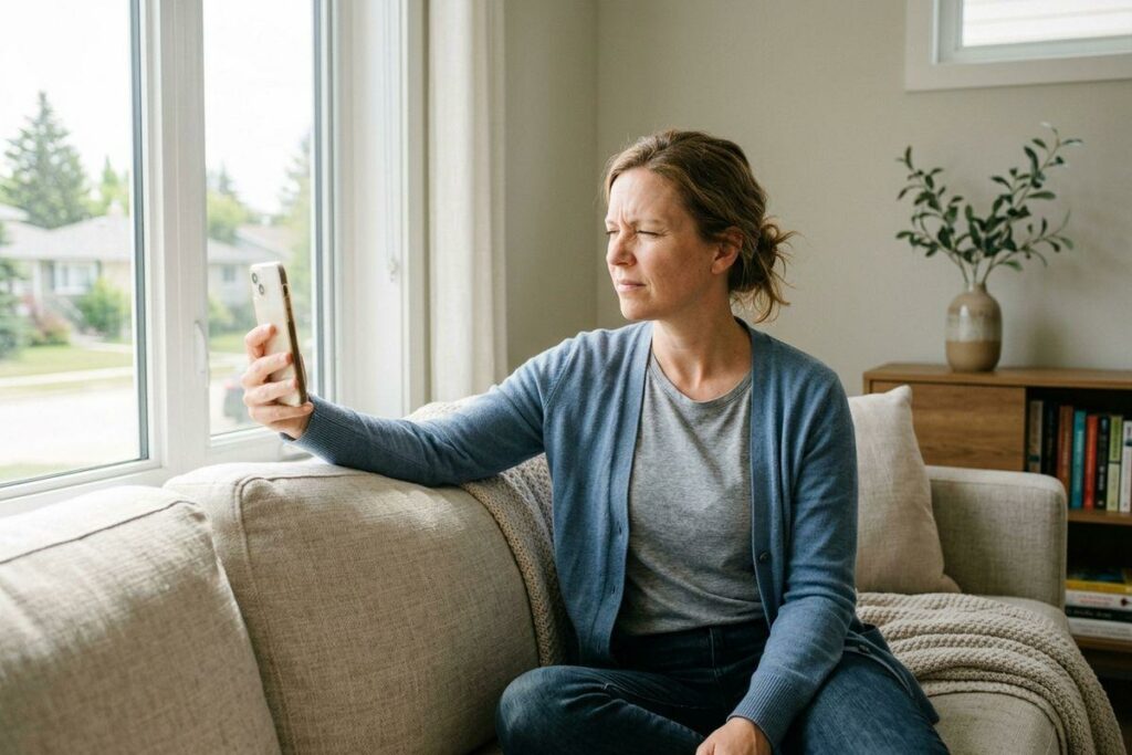 Person sitting on a sofa by a window, squinting at a smartphone held at arm's length.