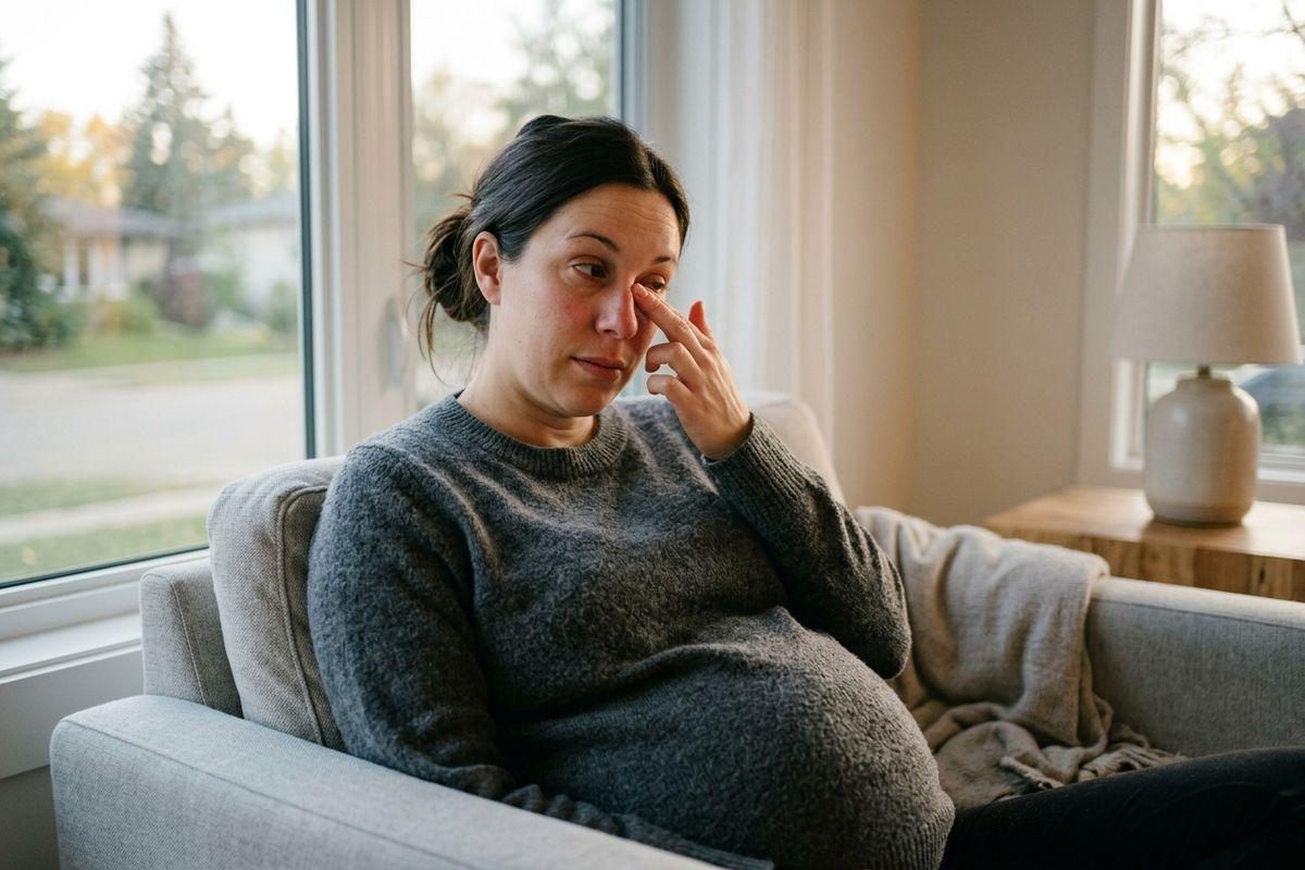 Pregnant person sitting on a grey couch by a window, wiping their eye, looking upset.