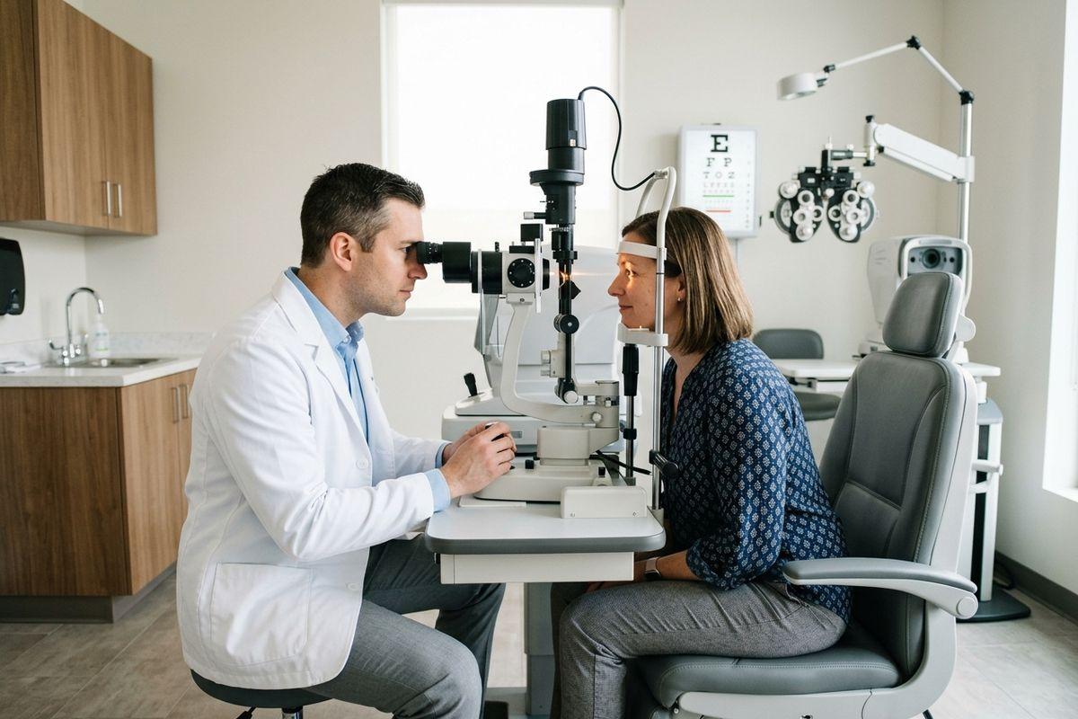Optometrist examines a patient's eyes in an exam room with an eye chart and phoropter behind them.
