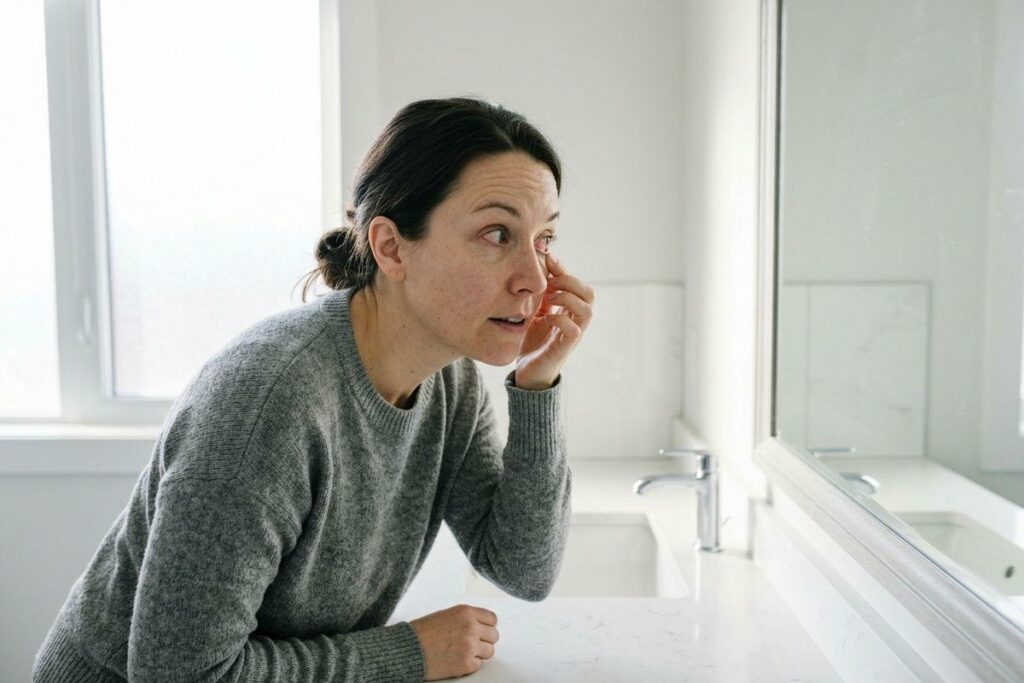 Person in grey sweater leaning over a bathroom sink, touching near one eye while looking into a mirror.